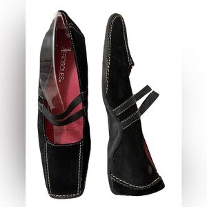 AEROSOLES Black Red Leather Wedge Suede Square Toe Loafers Size 7